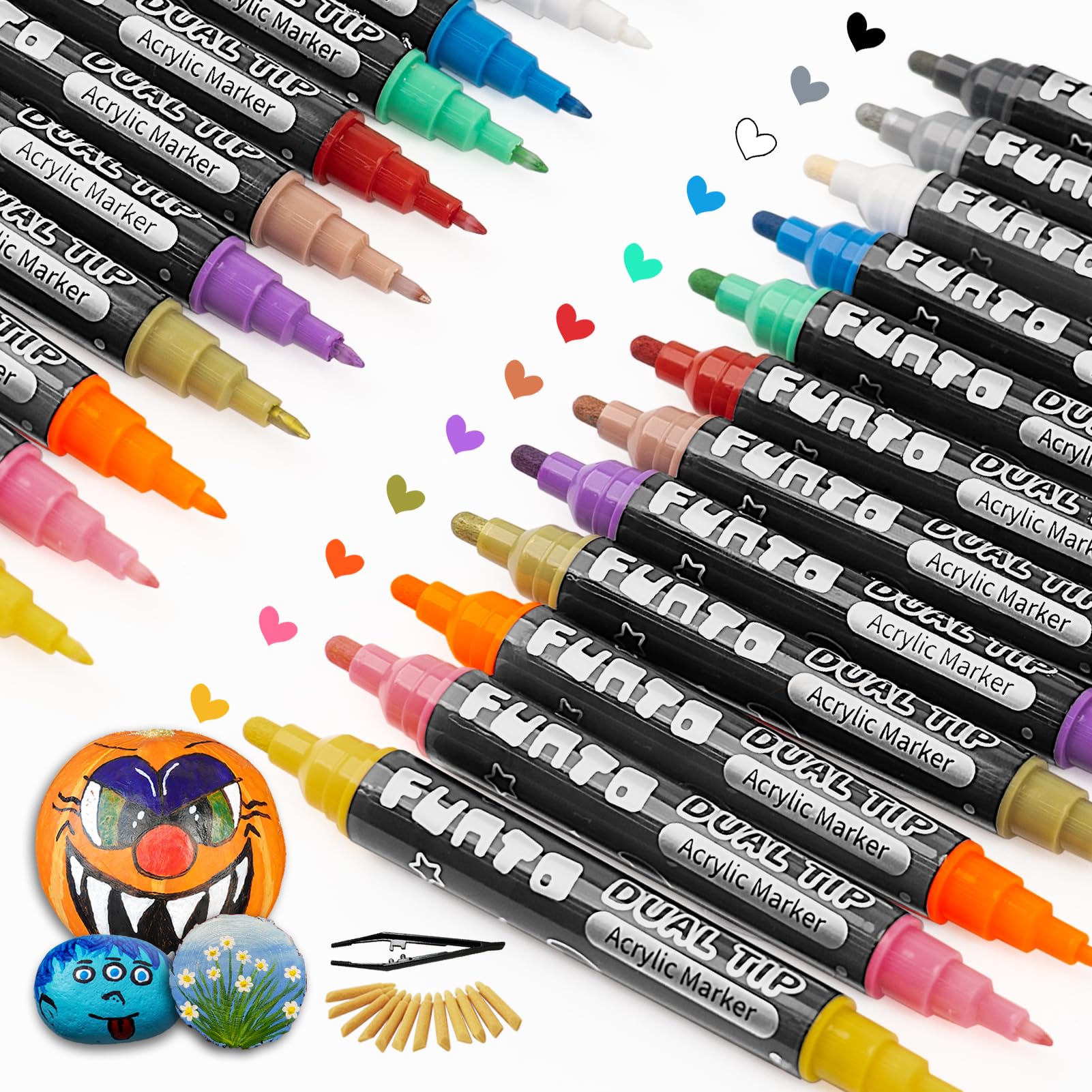 Photo 1 of Funto Dual Tip Acrylic Paint Markers, Paint Pens for Rock Painting, Wood, Canvas, Ceramic, Fabric, 12 Colors, Quick Drying, Non-Toxic, Arts and Crafts