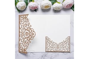 ponatia 20PCS Gold Glitter Laser Cut Wedding Invitations Pockets, Tri-fold 5x7 Laser Cut Invitation Pockets for Wedding Bridal Shower Quinceanera 15 Anos Invite (No Envelopes & Inner Sheets)