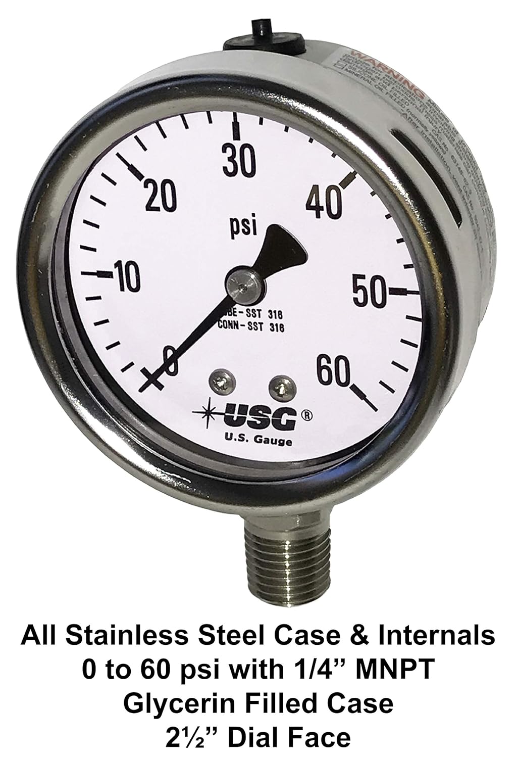 Ametek US Gauge 2.5" Model 656 Liquid Filled Dial All Stainless Steel Pressure Gauge 0 to 60 PSI