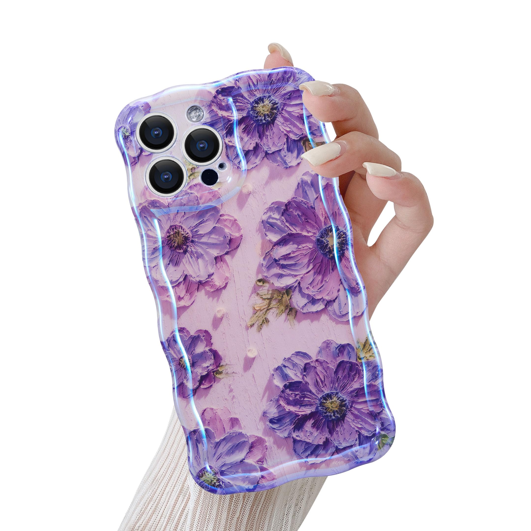 QLTYPRI Case for iPhone 13 Pro, Colorful Retro Oil Painting Flower Pattern Cute Curly Wave Frame Exquisite Phone Case for Girls Women, Shockproof TPU Protective Phone Cover for iPhone 13 Pro - Purple