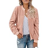 Eurivicy Women Fleece Jacket Winter Bomber Long Sleeve Faux Sherpa Fuzzy Casual Zip Up Coat Pocket