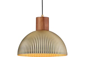 ELYONA Vintage Ash Wood Dome Pendant Light 12" Hanging Lamp with Brushed Brass Metal Shade & Gold Inner Finish, Modern Pendant Light Fixtures for Kitchen Island Dining Room Bedroom Living Room Hallway