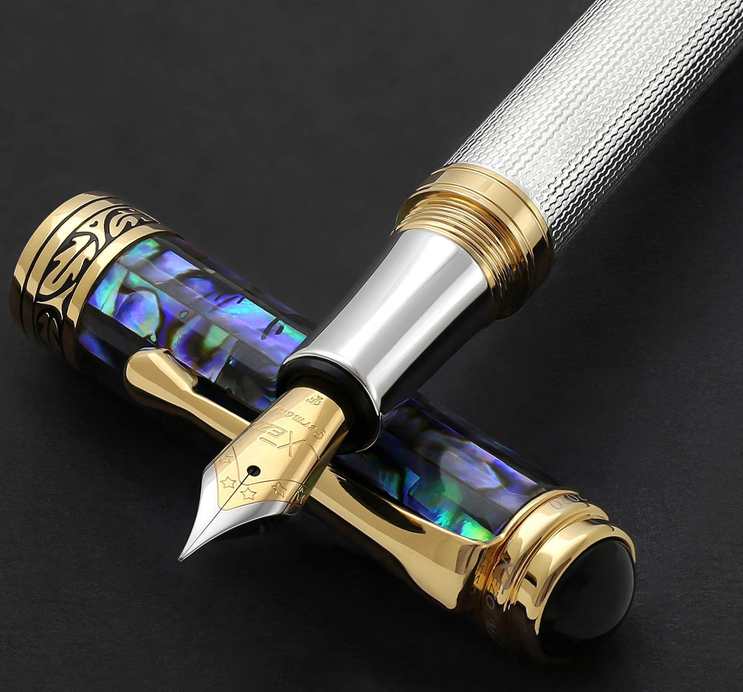 Xezo Maestro Fountain Pen, Fine Nib. Solid 925 Sterling Silver with Blue Pāua Sea Shell and 18 Karat Gold Plating. Handcrafted, Limited Edition, Serialized
