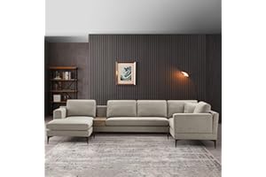 mikibama Luxury Modern 134'' U Shaped Sofa for Living Room, 3-Piece Upholstered Sectional Couch Sofa Set with 1 Small Coffee Table with Drawers, with Reversible Chaise Lounge(Sand)
