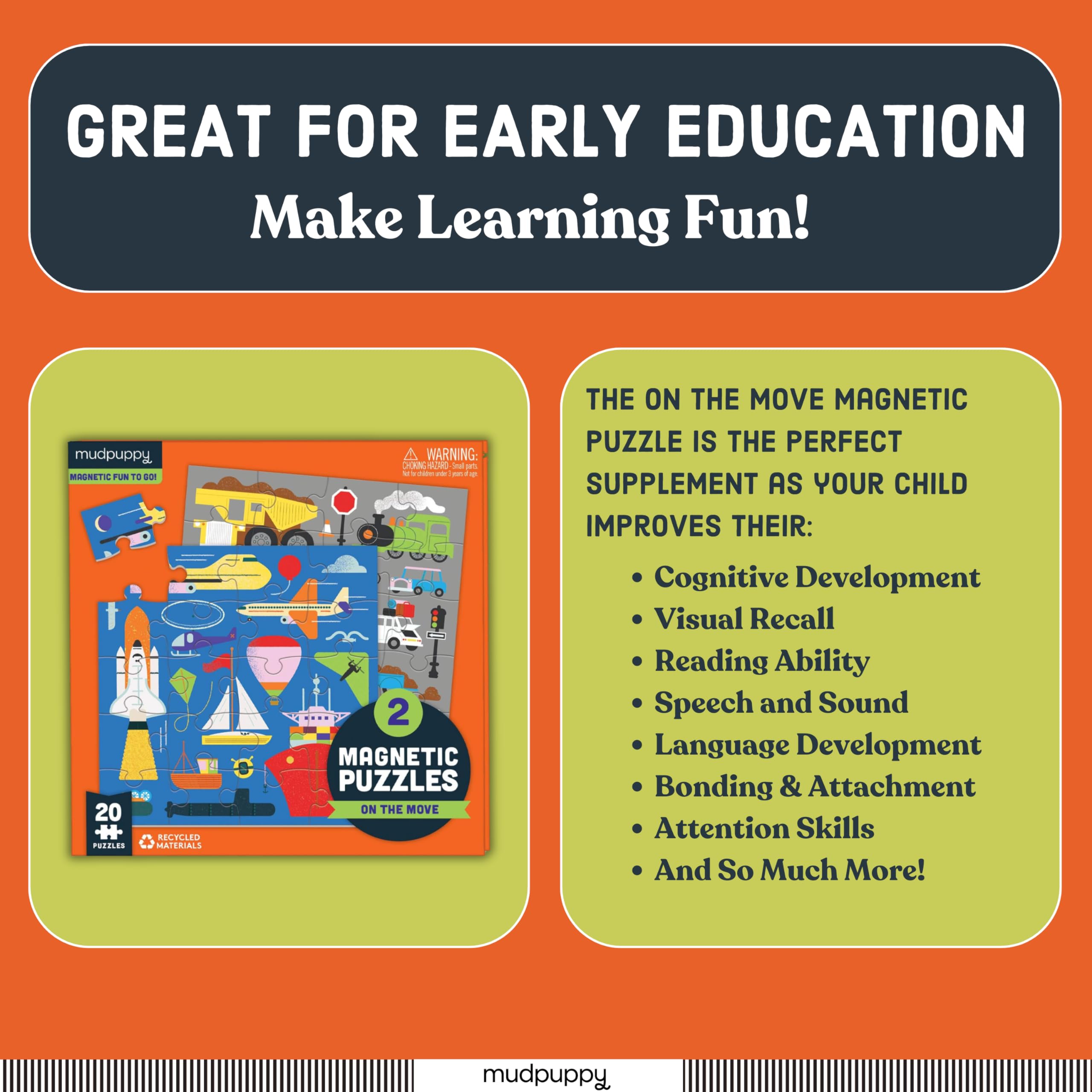 Mudpuppy On The Move - Tri Fold Magnetic Puzzles Featuring Two 20 Piece Transportation Themed Artwork