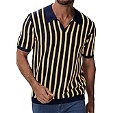 iWoo Men's Knit Polo Shirts Short Sleeve Casual Vintage Striped Golf Polo Classic Collared T Shirt