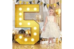 BIAPIAN 4FT Marquee 5 Numbers, Light Up Numbers 5 Mosaic Numbers Glitter Gold Black Light Up Letter Pre-Cut Foam Board Sign Marquee for Birthday Party Decorations, Wedding, DIY Anniversaries