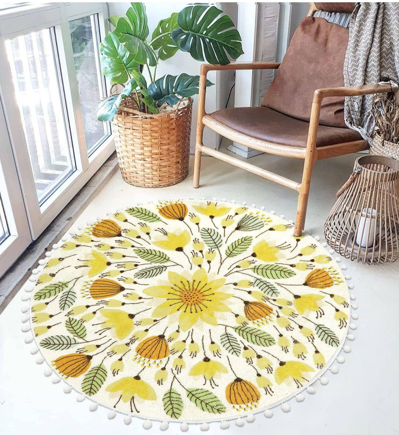 Round Autumn Rug Uphome Fall Round Rug for Bedroom 3' Circle Cute Bathroom Rugs with Pom ...