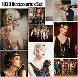 Pecehom 1920s Flapper Accessories Set Roaring 20s Headband Necklace Gloves view 7
