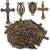 40pcs 4 Styles Tibetan Alloy Rosary Cross and Center Mary Miraculous Medal Jesus Crucifix Cross Charms and Oval Chandelier Links for Catholic DIY Jewelry Making, Antique Bronze