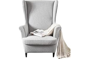 OKYUK Wingback Chair Slipcover 2 Piece Spandex Jacquard Fabric Stretch Wingback Chair Cover Arm Chair Furniture Sofa SlipCovers with Elastic Bottom, Machine Washable for Living Room Bedroom (Light Grey)