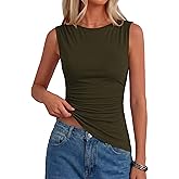 PRETTYGARDEN Womens Tank Top Spring 2026 Ruched Asymmetrical Going Out Top Slim Fit Sleeveless Shirts Summer Clothes