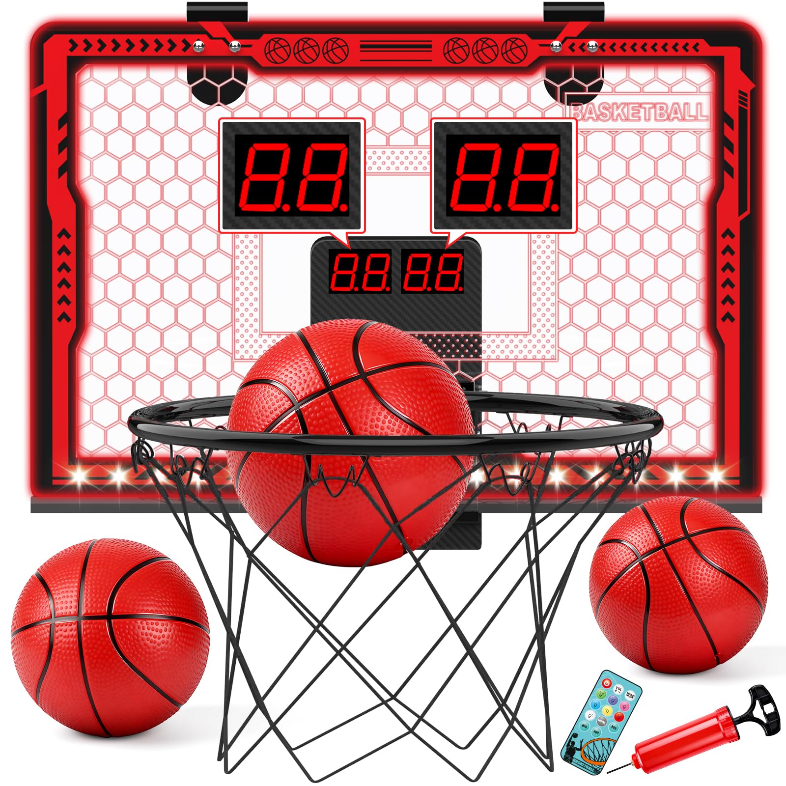 Photo 1 of ***IT'S BROKEN*** Indoor Basketball Hoop for Kids, Remote Control Basketball Hoop Indoor with Electronic Scoreboard/7-Color LED Lights/2 Modes/3 Balls, Foldable Design, Cool Basketball Gifts for Boys 8-12 (Red)