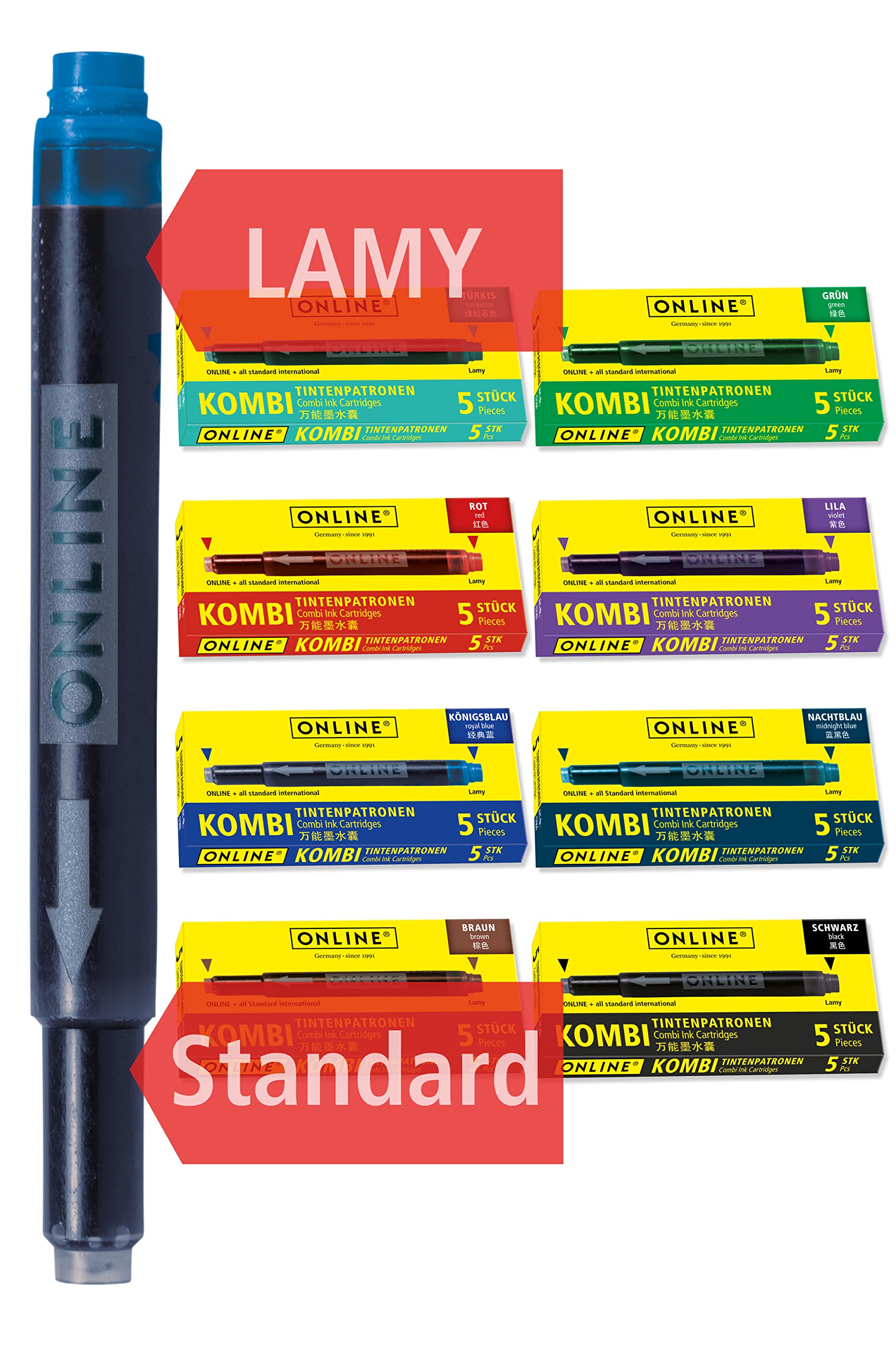 ONLINE 40 x Compatible Lamy Ink cartridges, Colourful, Universal cartridges, for All Standard Fountain pens, Replacement cartridges, Value Pack of Coloured Writing Ink