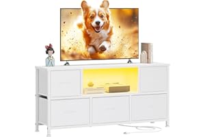Lulive TV Stand for Bedroom, LED Rustic White for Living Room with 5 Fabric Drawers, 43 50in TV Stand with Power Outlet, Entertainment Center with Open Shelf
