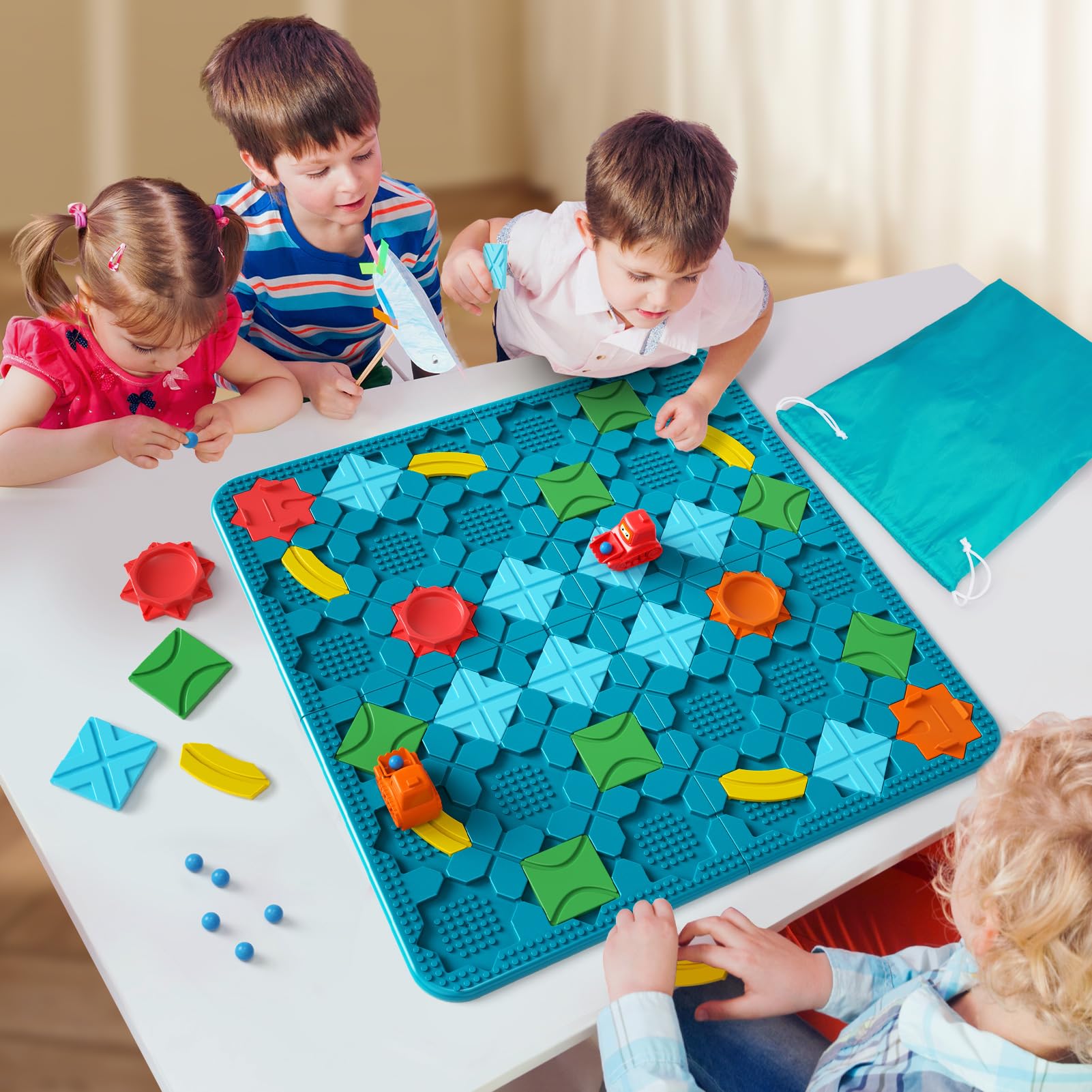 burgkidz Logischer Straßenbauer Brettspiel für Kinder 4 5 6 7 8 Jahre, 56 x 56 cm Großes Spielbrett Labyrinth Puzzle Logikspiel mit Rückzugbagger, STEM Geschenk Kinderspielzeug 6