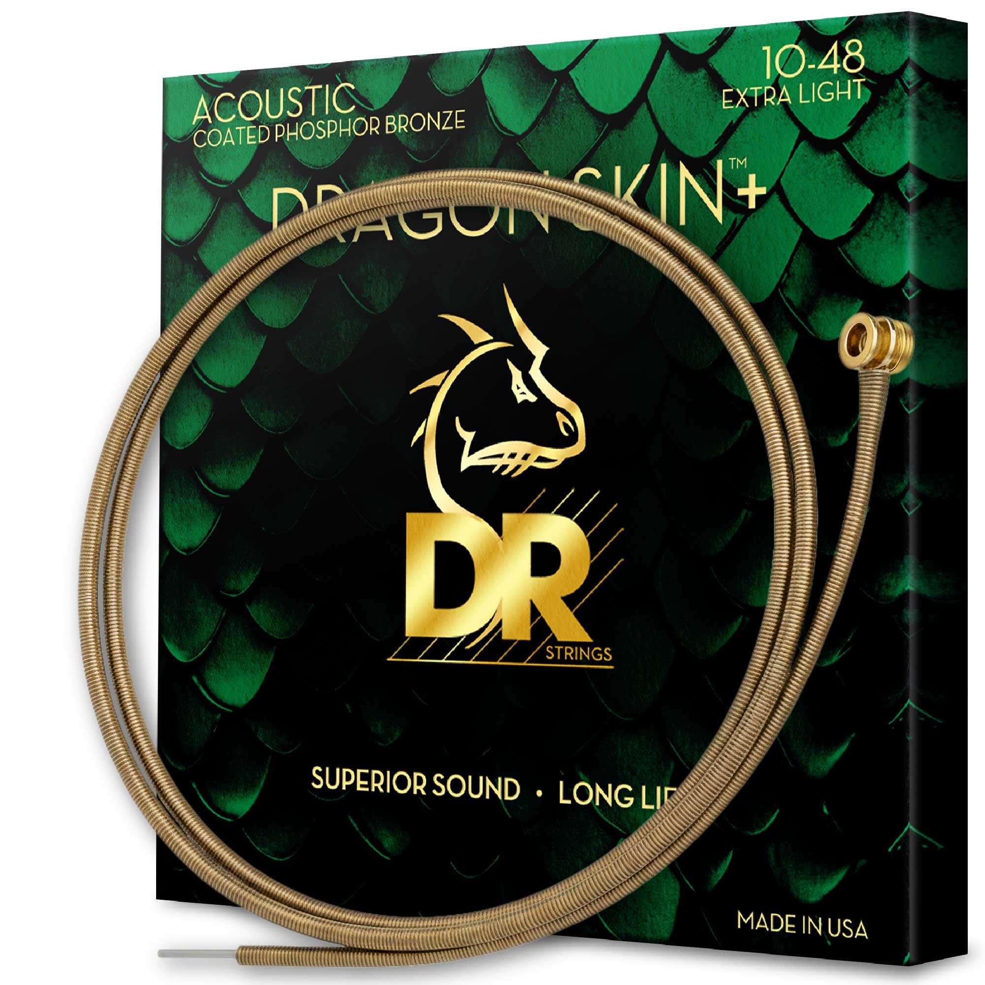 DR DAP-10 - DRAGON SKIN+™ Coated phosphor bronze acoustic guitar strings, Superior sound with pleasant feel & long lifespan, extra light 10-48