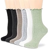 bropapa Women's Ruffle Socks - Crew Cotton Ankle Socks, Frilly, Ribbed, Ultra Soft, Lettuce Green, 6 Pack
