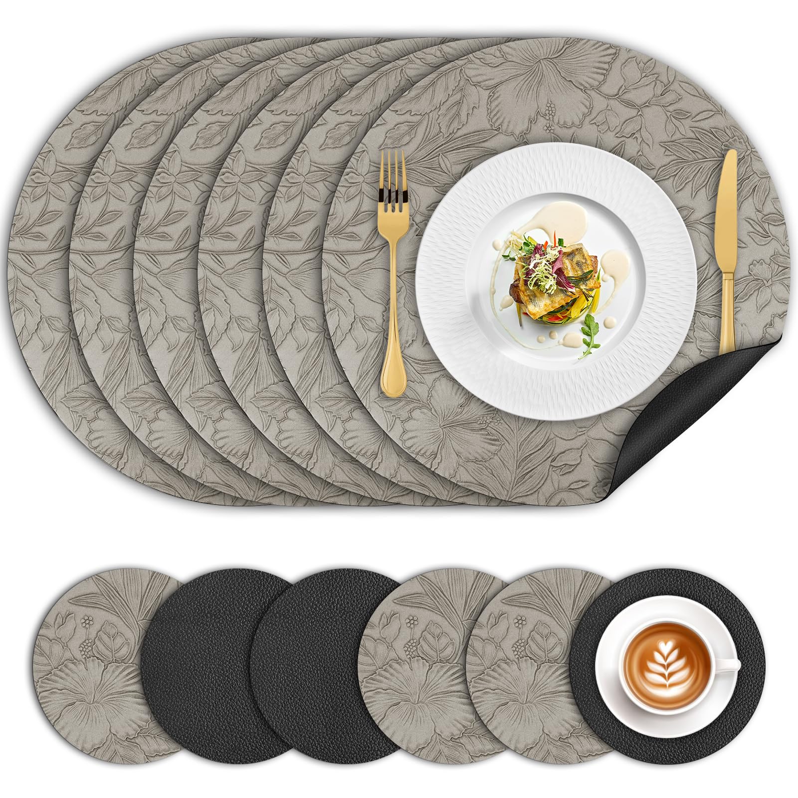 Placemats and Coaster Sets 6, Dual-Sided Leather Floral Place Mats 34cm, Heat Resistant Non-Slip Washable, Waterproof Round Kitchen Coffee Table Mats for Home Dining Table Restaurant Hotel(Grey Black)
