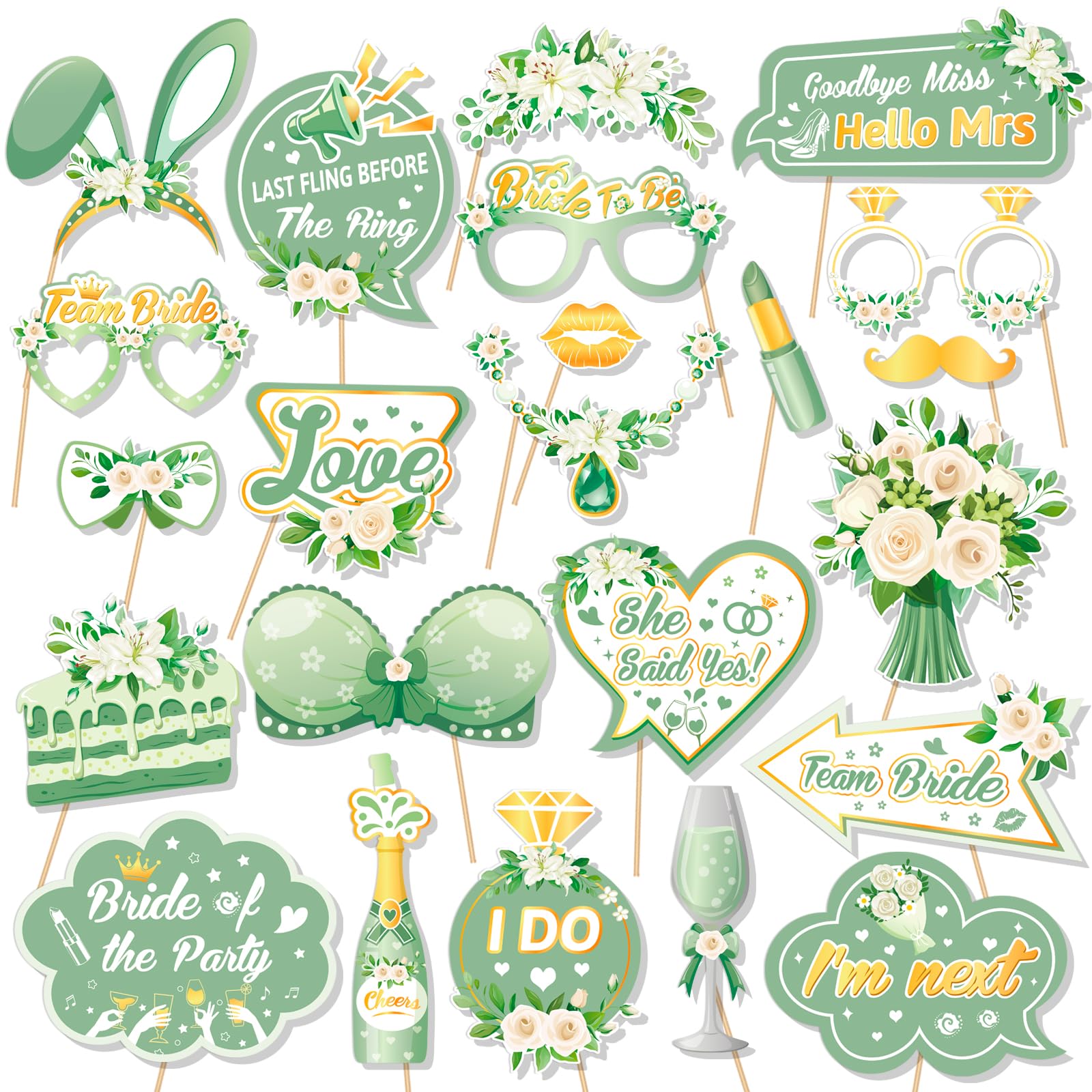 DPKOW Funny Hen Party Photo Booth Props Kit, Green Elegant Photo Props for Hen Do Night Game Favour, Bride To Be Party Photo Props Accessories Hen Party Decorations