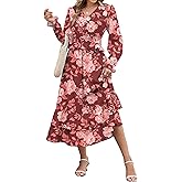 ZAFUL Women's Floral Midi Dress Long Sleeve V Neck Smocked Ruffle Boho Fall Dress