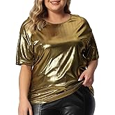 Agnes Orinda Plus Size Metallic Tops for Women Round Neck Short Sleeve Party Shirts Disco Blouses Sparkly Tee Top
