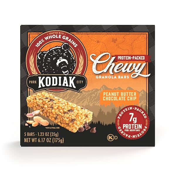 KODIAK CHEWY GRANOLA SNACK BARS, PEANUT BUTTER CHOCOLATE CHIP, HIGH PROTEIN, 100% WHOLE GRAINS, 1 BOX WITH 5 BARS