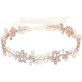 Ammei Headpiece Rose Gold Luxury Bridal Headbands With Genuine Freshwater Pearls Hair Vines Wedding Headpieces For Bride Bridesmaids Prom Hair Accessories With Ivory Ribbons