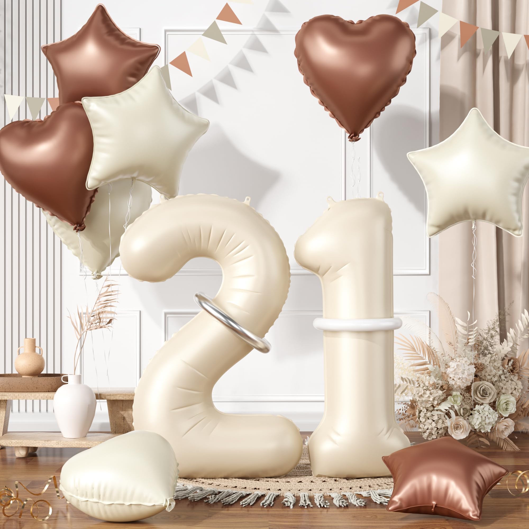 Photo 1 of 21 Cream White Balloons, 21 Number Balloons Set, Beige Number 21 Balloons, Brown Sand White Foil Star Heart Balloon With Long Balloon For 21th 12th Birthday Party 1st 2nd Baby Shower Decor
