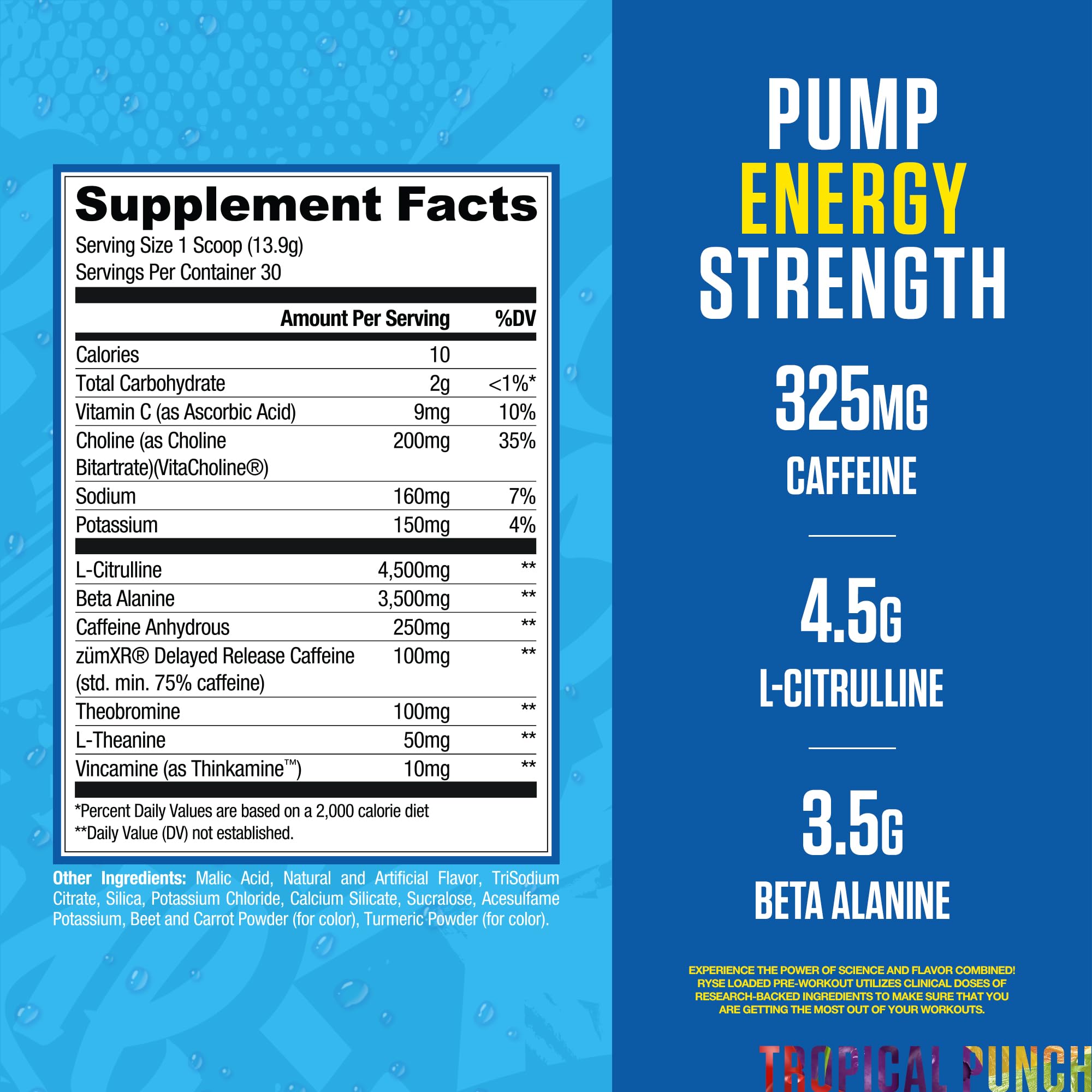 RYSE Loaded Pre Workout Powder - Kool-Aid Tropical Punch - Daily Pre-Workout for Men & Women with 325mg Caffeine, Beta Alanine, and Citrulline for Pump, Focus, and Energy - 30 Servings