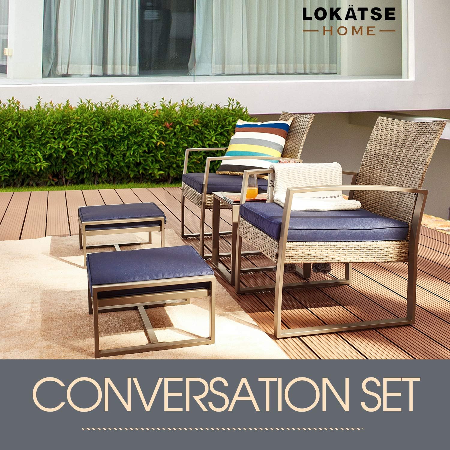 LOKATSE HOME 5-Piece Wicker Outdoor Conversation Set Patio Furniture PE Rattan All Weather Cushioned Chairs Balcony Porch with Ottoman and Glass Coffee Side Table, Blue: Garden & Outdoor
