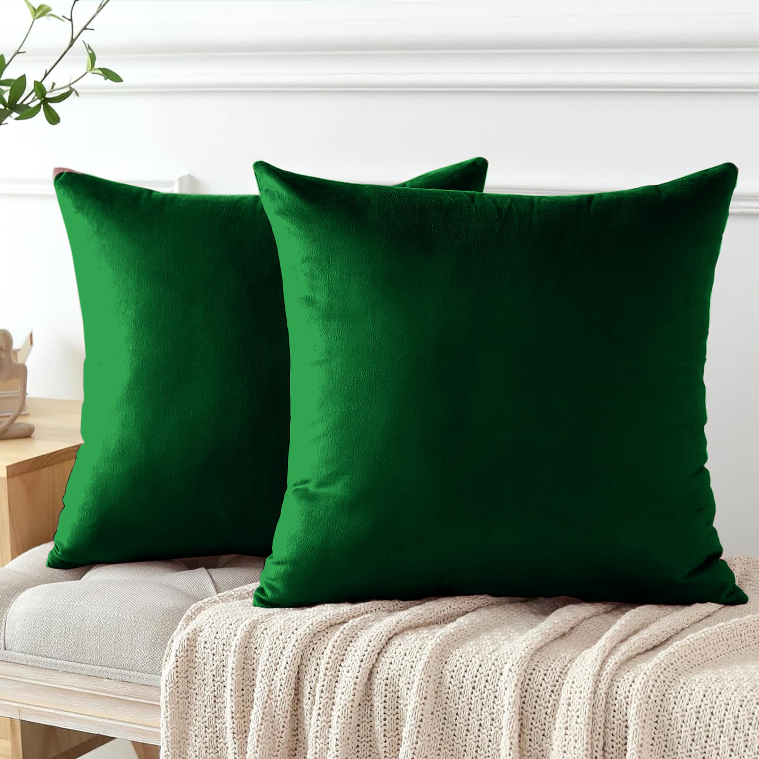 My home store Dark Green Velvet Cushion Covers 45cm x 45cm - Pack of 2 Sofa Livingroom Bedroom with Invisible Zipper Cushions Covers 18"x18"