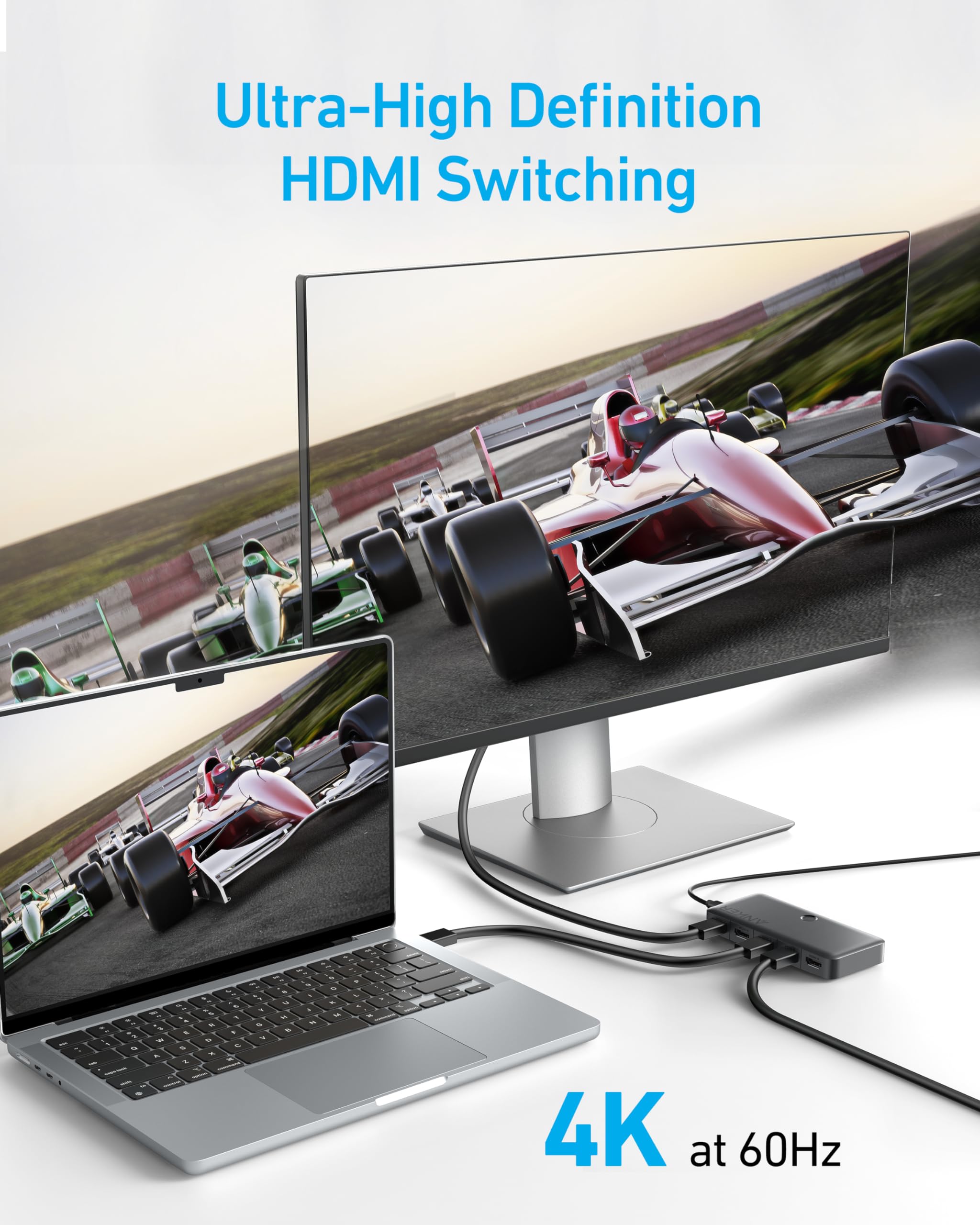Anker HDMI Switch, 4K@60Hz HDMI Switcher, 4 in 1 Out with Smooth Finish, Supports HDR, 3D, Dolby, DTS, Compatible with Laptops, PC, Xbox, Projector (Charger and Remote Control Batteries Not Included)
