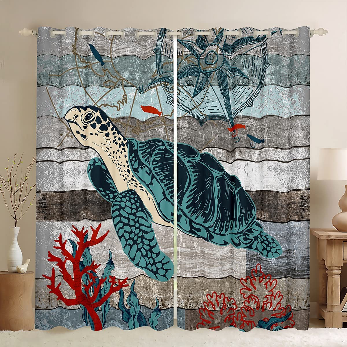 Homemissing Sea Turtle Curtains for Bedroom Living Room Kids Ocean Reptile Tortoise Blackout Curtains(30%-50%) Coral Sea Underwater World Dreapes Wood Grain Blue Grey Brown Cover W46*L54
