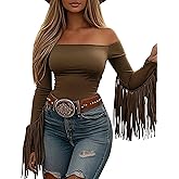 KWSTAIN Fringe Tops for Women Western Cowgirl Off The Shoulder Fall Long Sleeve with Tassels Stretchy Crop Shirts Blouses