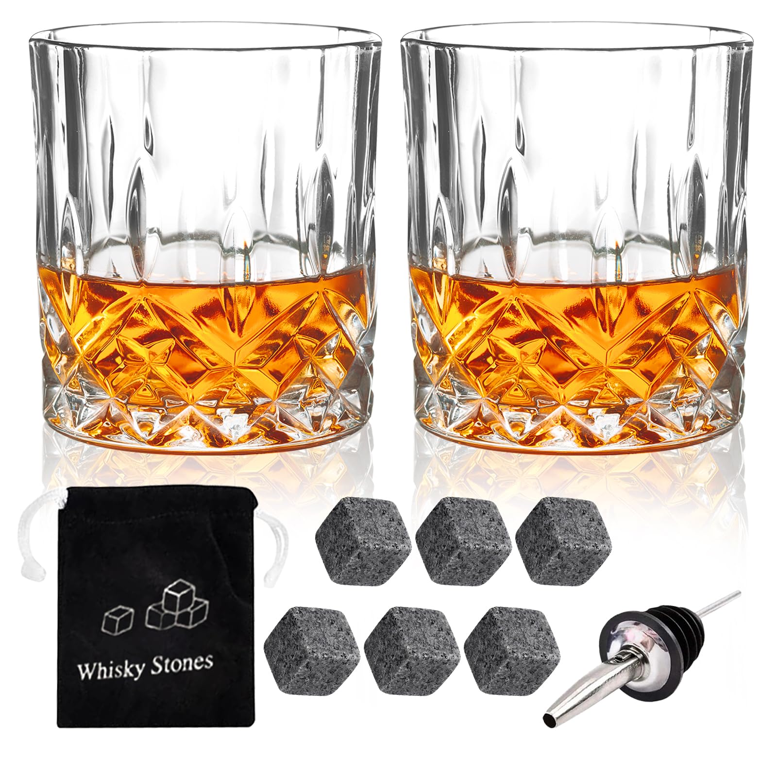 Whiskey Glasses Set of 2 Diamond Whisky Tumblers 300ml Drinking Cups Bourbon Brandy Rum Cocktail Home Bar Party Men