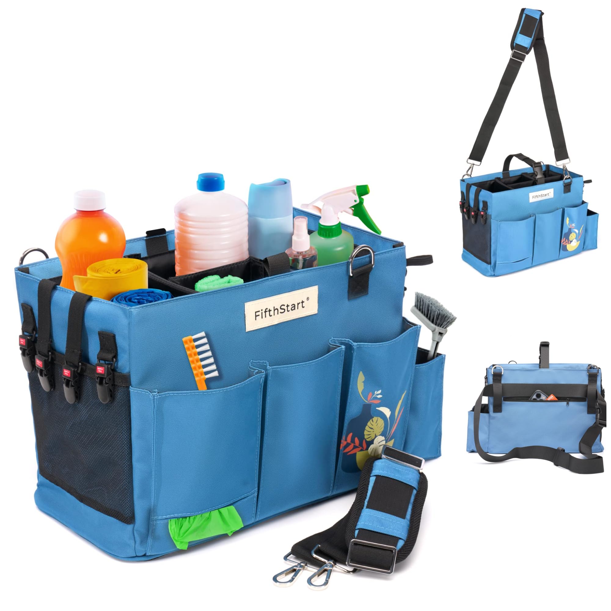 FifthStart Multiuse Cleaning Caddy with Waist, Shoulder Strap 9 Pockets, Mesh Base & Adjustable Compartments - Cleaning Caddy - Cleaning Supplies Organizer (Blue, Small) Image
