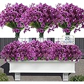 Satefello 20 Bundles Artificial Flowers for Outdoors, UV Resistant Fake Realistic Flowers with Plastic Plants Spring Decor, Faux Silk Flowers for Outside Window Box Front Porch Planter Decor-Purple