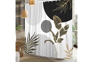 Sillsloso Mid Century Boho Shower Curtain, Abstract Modern Sun Minimalist Aesthetic Shower Curtain, Bohemian Geometric Arch Curve Leaves Neutral Art Fabric Bathroom Curtains Black 72x72 inch