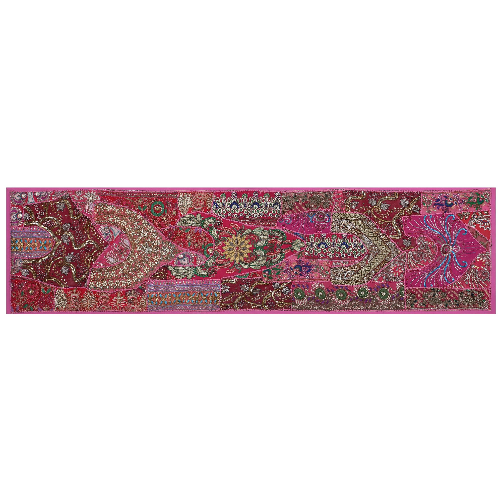 Ethnic Cotton Decorative Indian Dinning Art Table Patchwork Beads Embroidered Room Handmade Decor Cloth Table Runner (Fuchsia, 20" x 60")