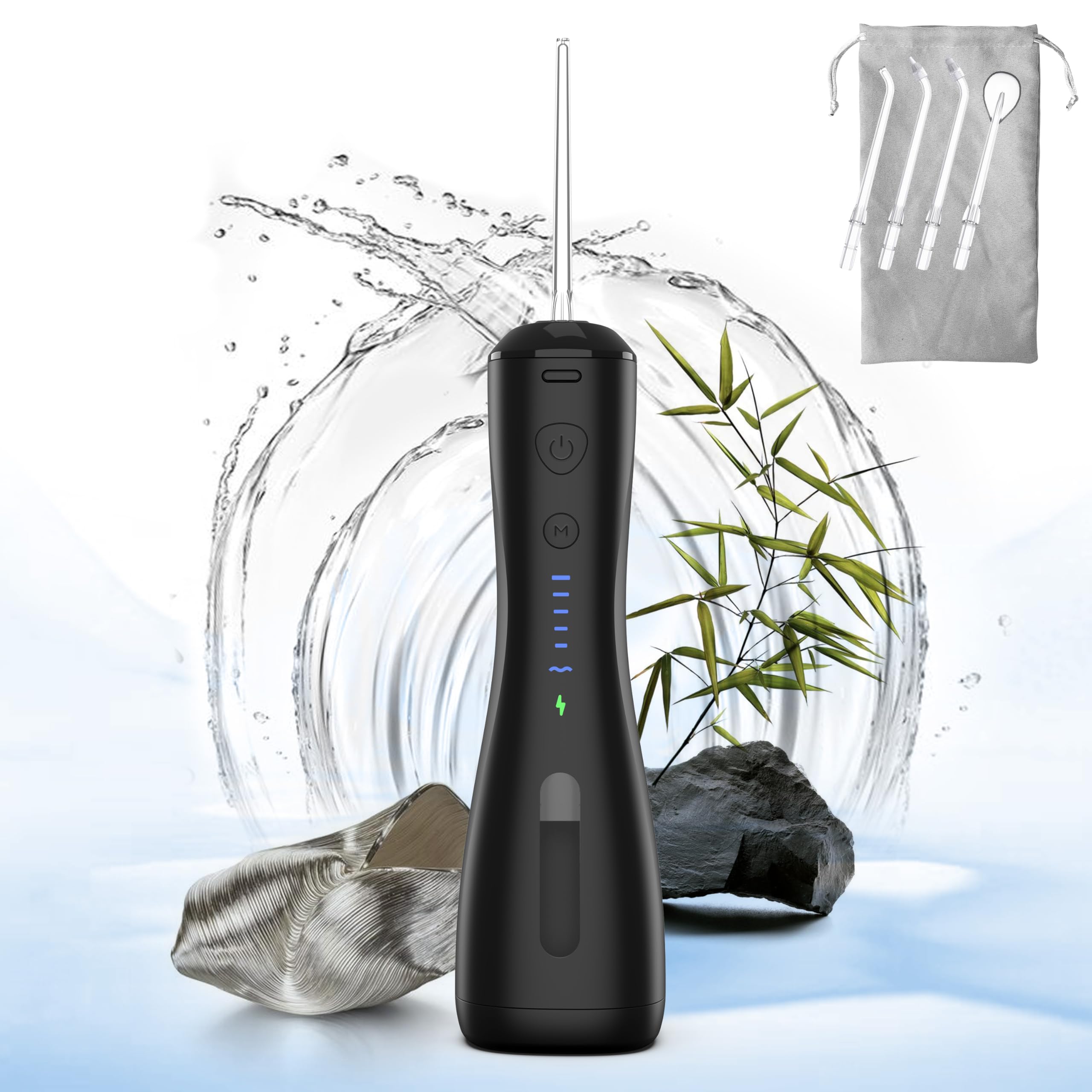 Water Flosser [Dental Cordless Portable] 6 Modes & IPX7 Waterproof Rechargeable Oral Irrigator Water Teeth Cleaner Floss Pick, Home Use WaterFlossers for Braces Bridges/Gum Care (Black)