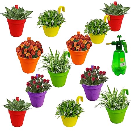 RED WIND Garden_Balcony_Railing Hanging Size 9 Inch_Flowering Planter_Pack of 12_Multicolor_with 2 litres Garden Pump Pressure Spray Bottle RIFP27