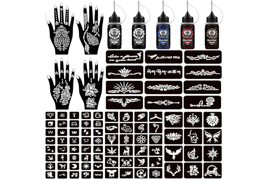 Moricher Henna tattoo kit Temporary Tattoo Kits 5 cones 96 Stencils Gifts for DIY Art Party
