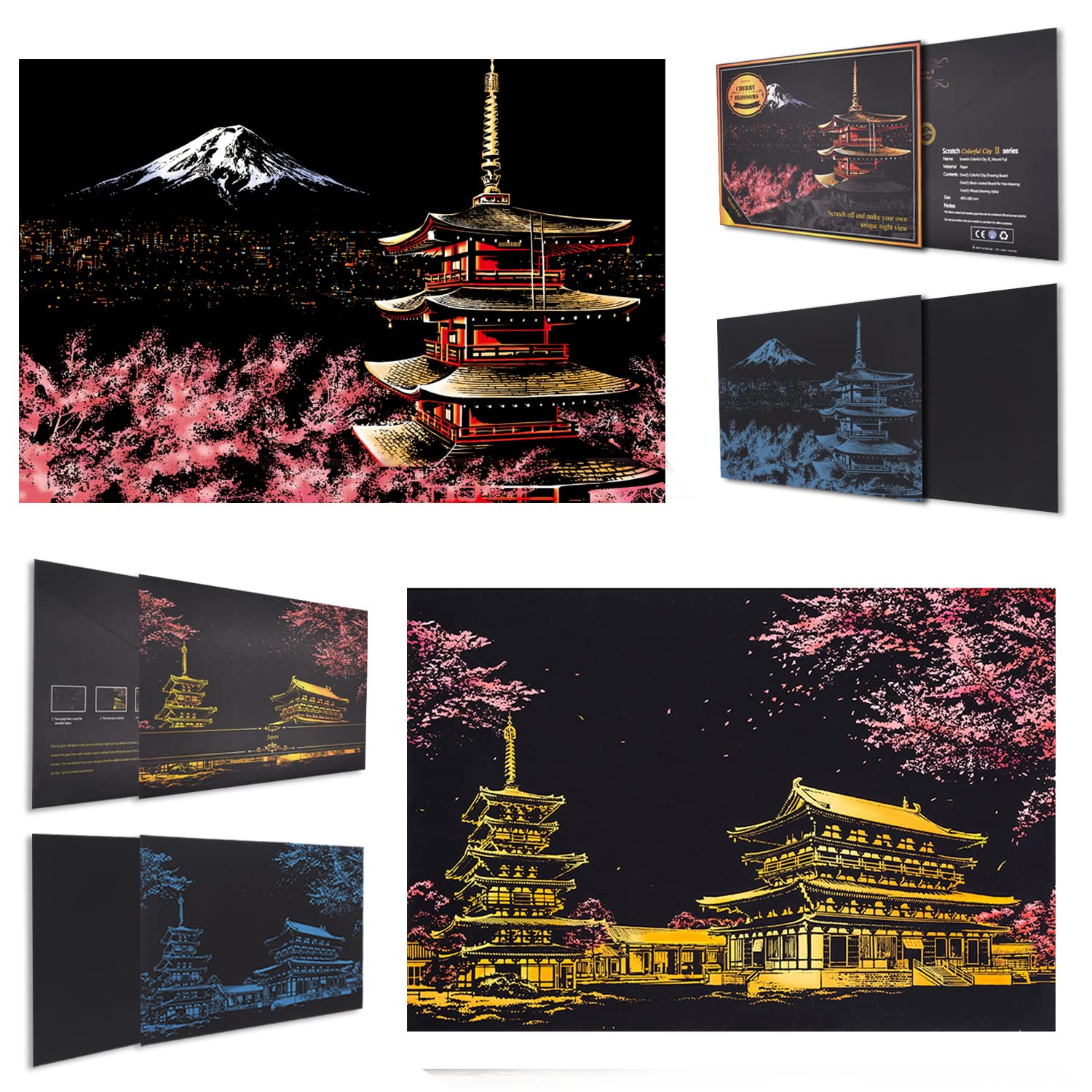 SiYear Scratch Paper Rainbow Painting Sketch, City Series Night Scene,Scratch Painting Creative Gift,Scratchboard Art for Adult with 4 Tools (Mount Fuji + Cherry Blossom) — image 1