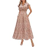 Kranda Women 2026 Summer Self-tie V Neck High Waist Ruffle Cap Sleeve Casual Long Boho Floral Tiered Maxi Dress with Pockets