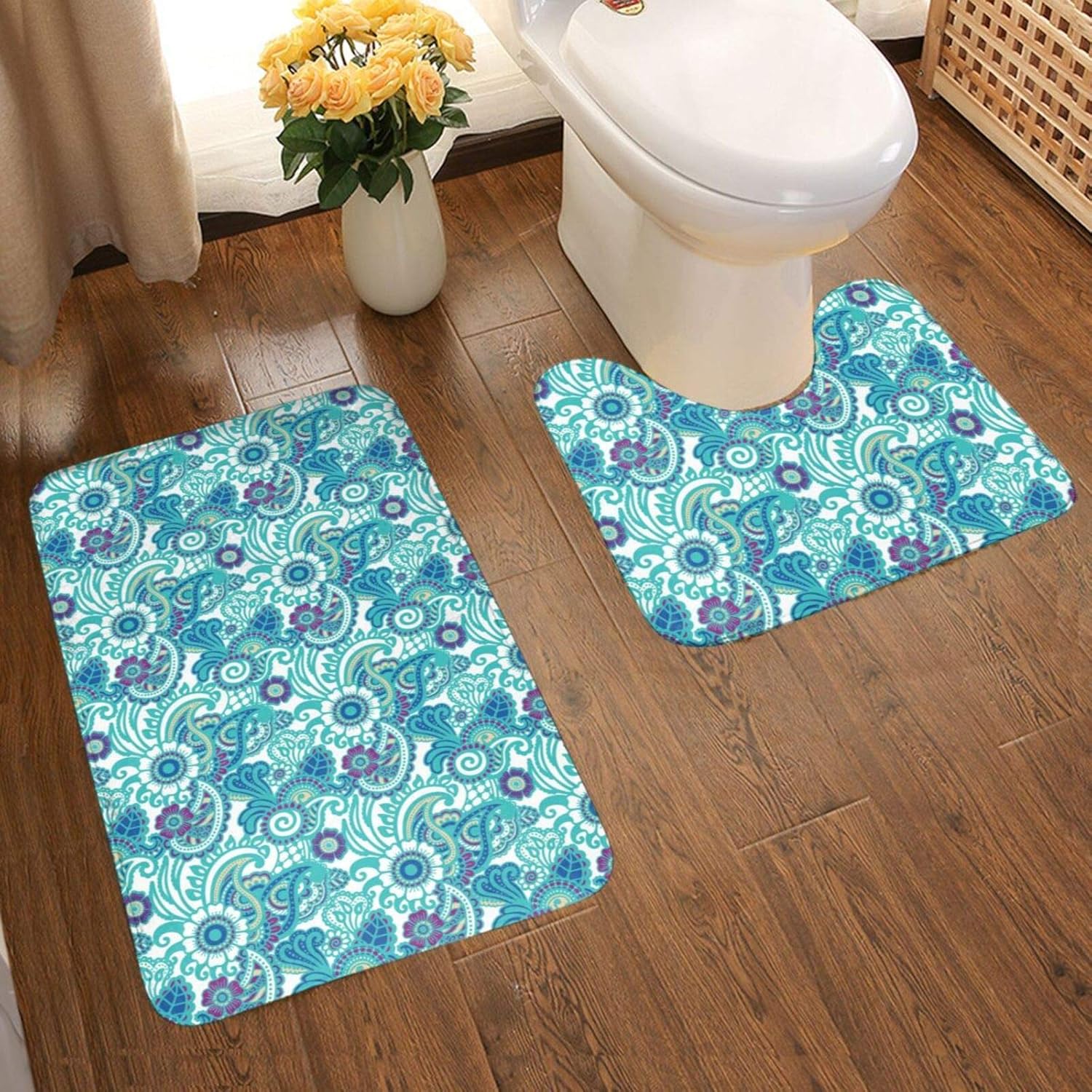 Bohemian Paisley Soft Flannel Bathroom Rug Mats Set 2 Piece AntiSkid
