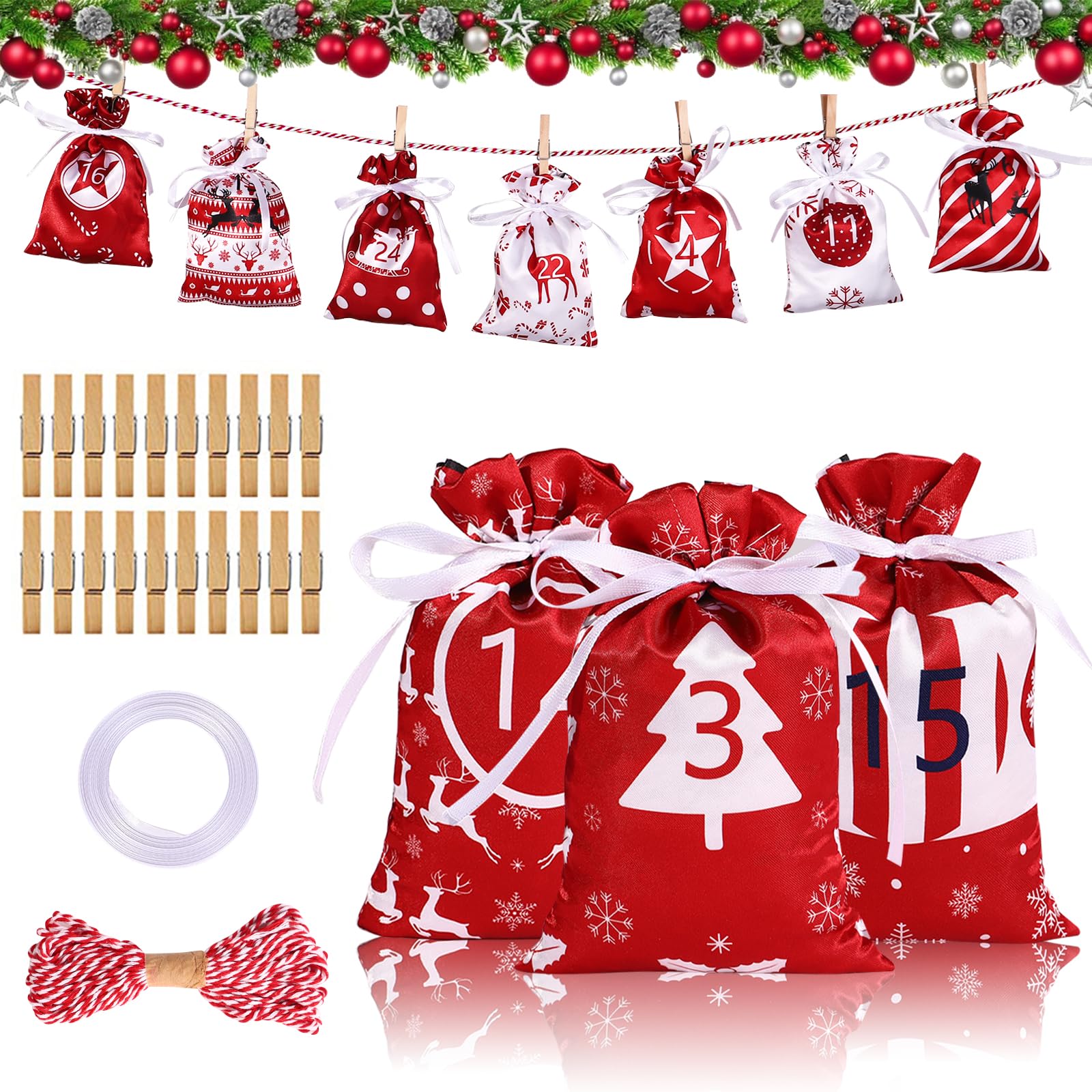 Yanmucy Christmas Advent Calendar Bags 25 Days Countdown Burlap Gift Pouches Festival DIY Candy Fill Sacks for Christmas Home Office Decor