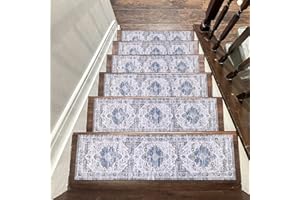 Ileading Indoor Stair Treads for Wooden Steps 15 Pack 8" X 30" Non Slip Rubber Stair Rug Runner Boho Staircase Step Treads Covers Soft Stairway Grip Carpet Safety Mats for Dogs Kids, Grey and Blue