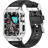 Deczone Band with Stainless Steel Case Compatible with Apple Watch Series 11 10 46mm Band, iwatch Bands Rugged Metal Protective Cover for Men (Silver)