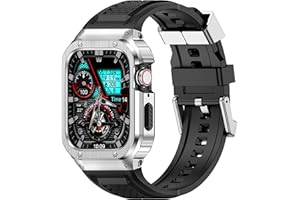 Deczone Band with Stainless Steel Case Compatible with Apple Watch Series 9 8 7 45mm Band, iwatch Bands Rugged Metal Protective Cover for Men (Silver)